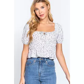 Short Slv Shirring Print Woven Top