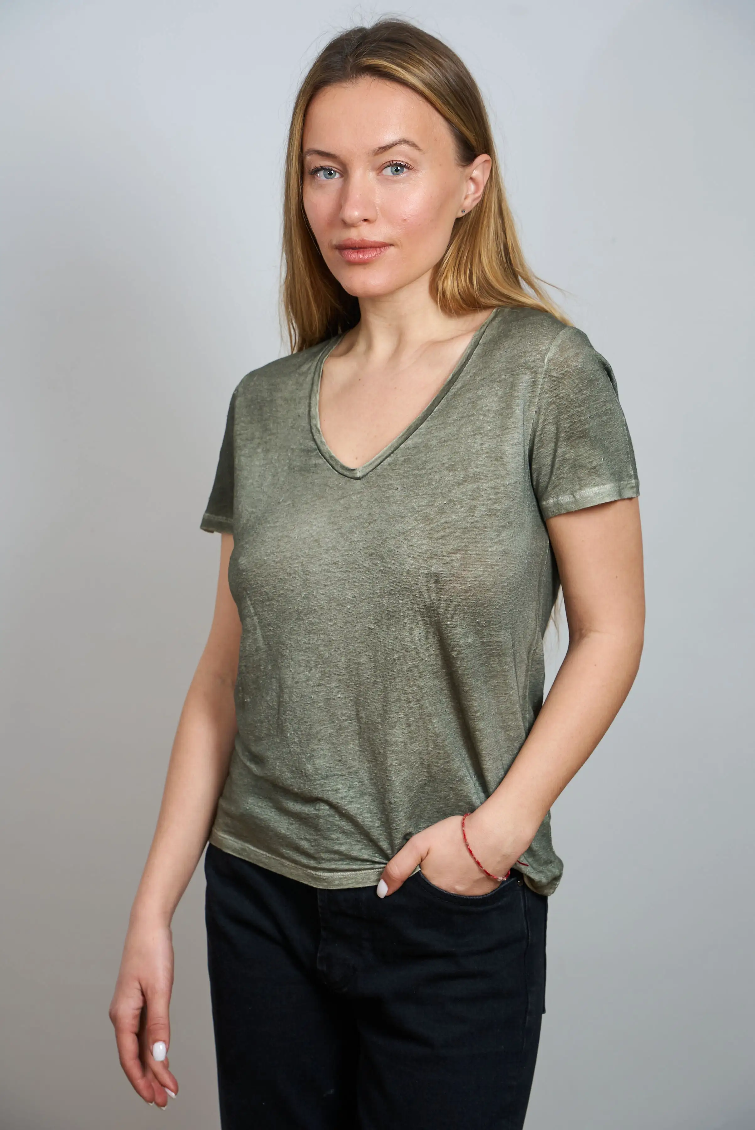 Stretch Linen Short Sleeve V-Neck - Kaki