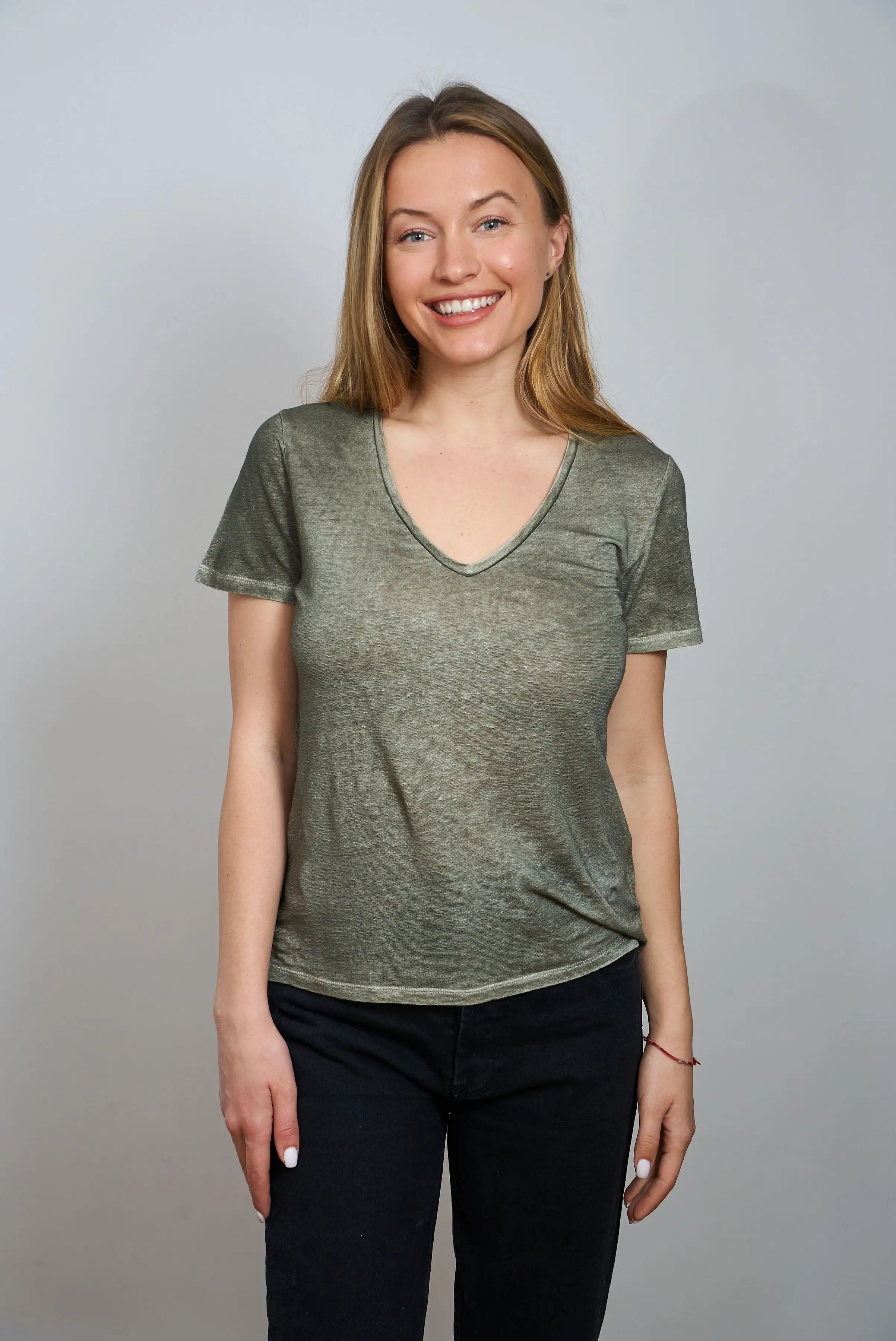 Stretch Linen Short Sleeve V-Neck - Kaki