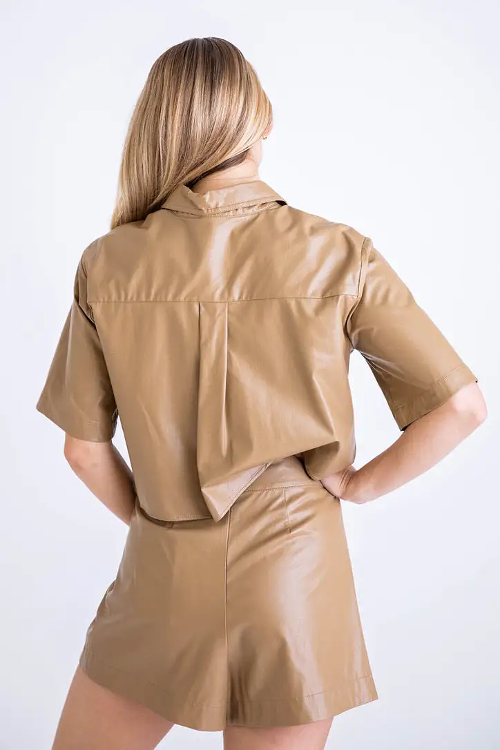 Tan Faux Leather Camp Shorts