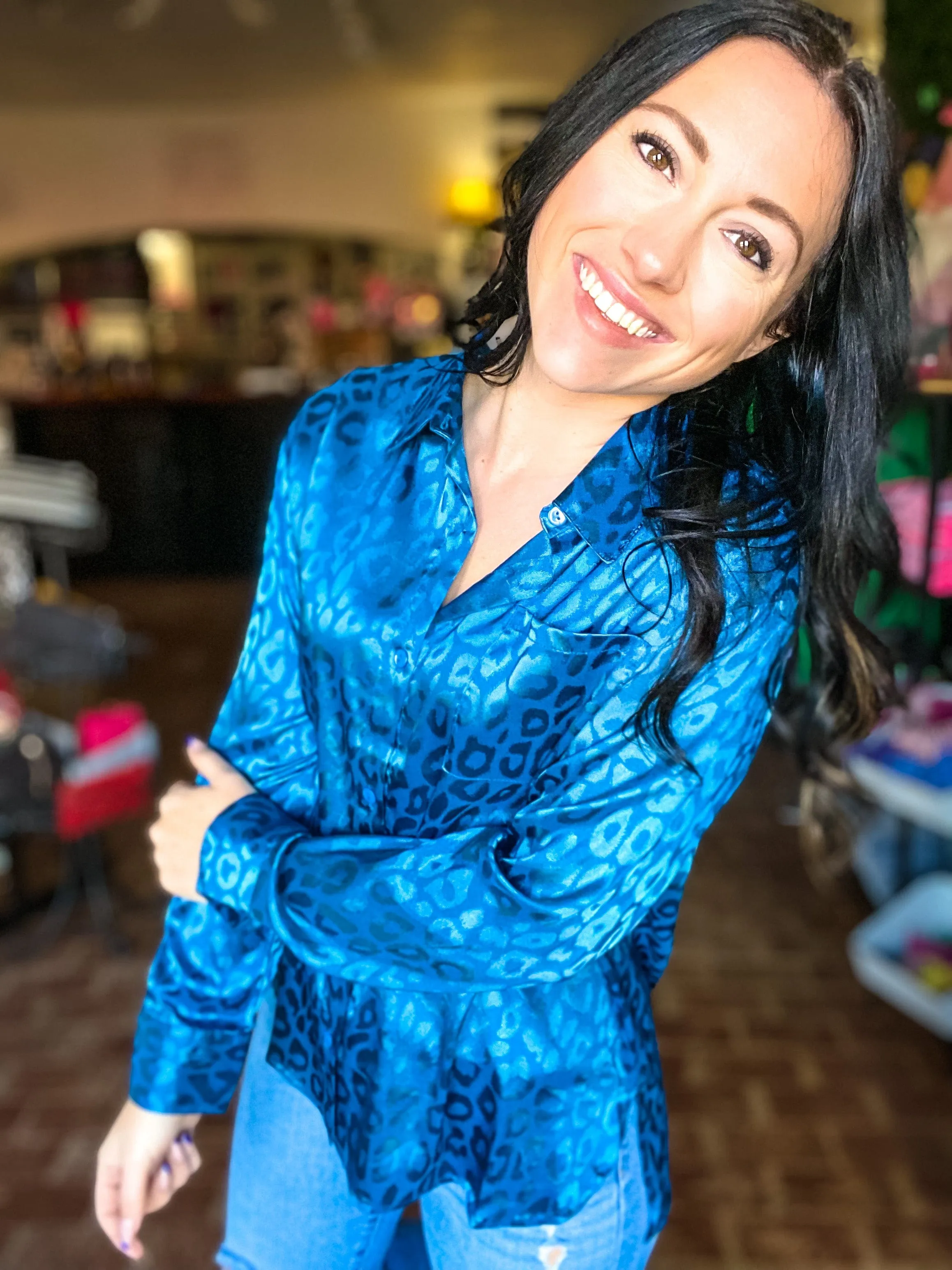 Teal Satin Leopard Blouse