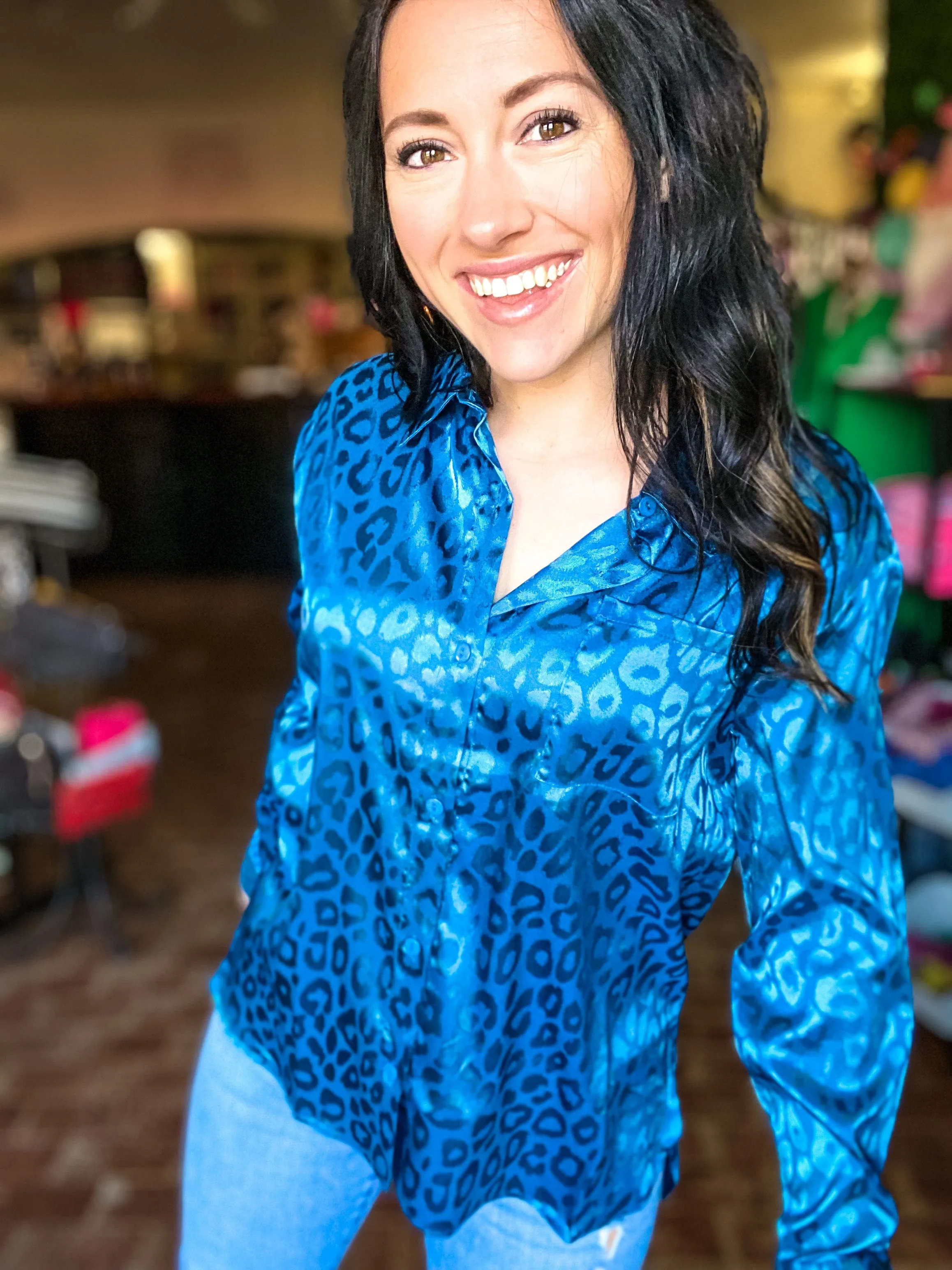 Teal Satin Leopard Blouse