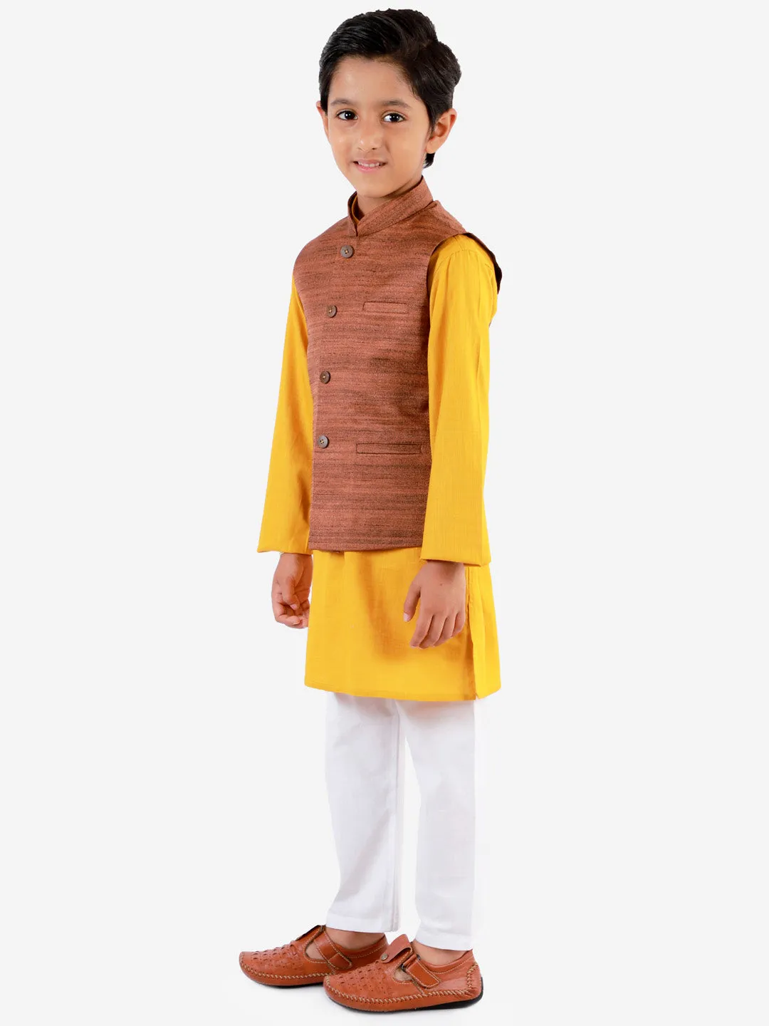 Vastramay Boys Coffee Brown, Mustard And White Jacket, Kurta and Pyjama Set