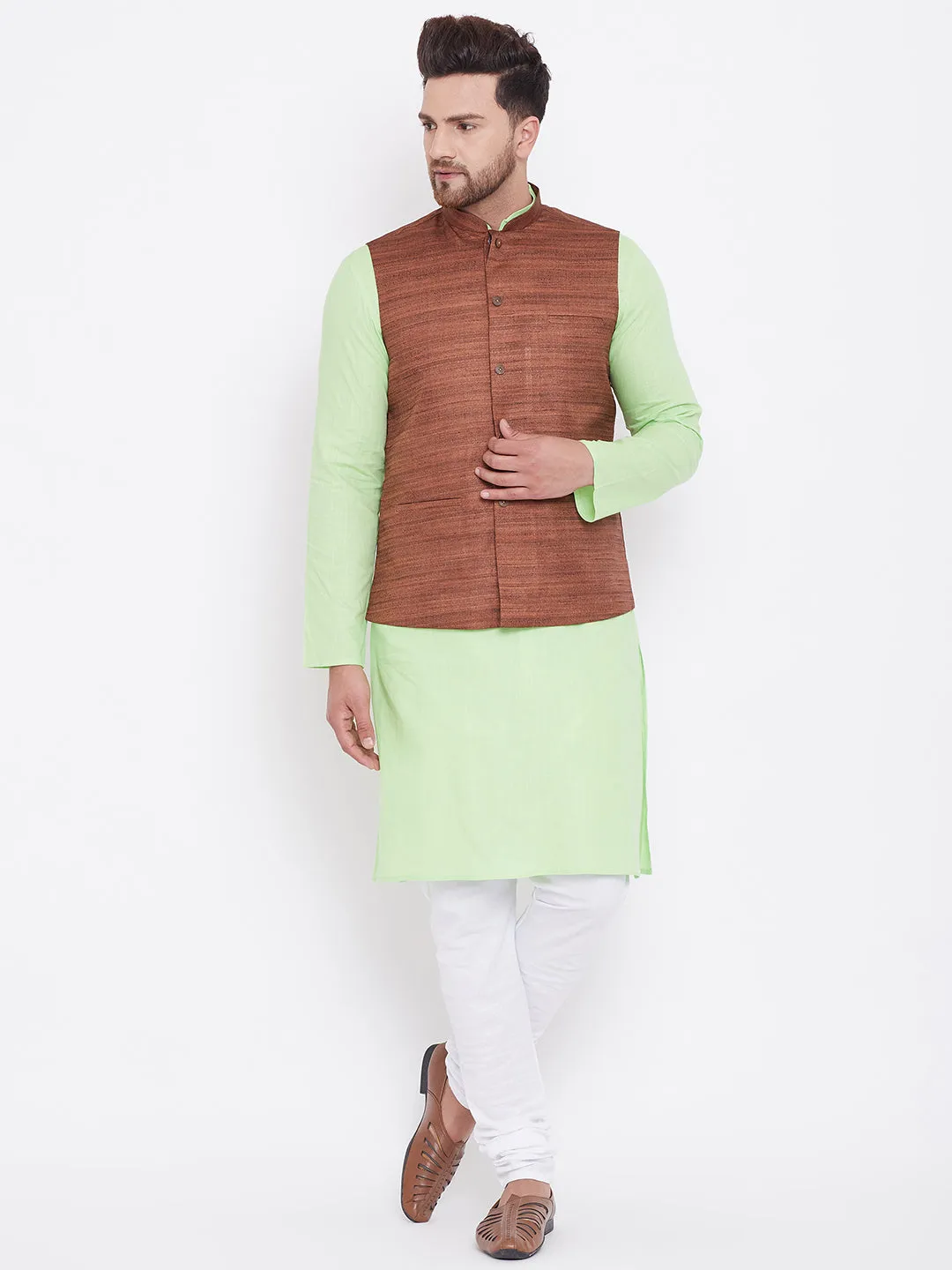 VASTRAMAY Men's Coffee, Mint Green And White Cotton Blend Jacket, Kurta and Pyjama Set