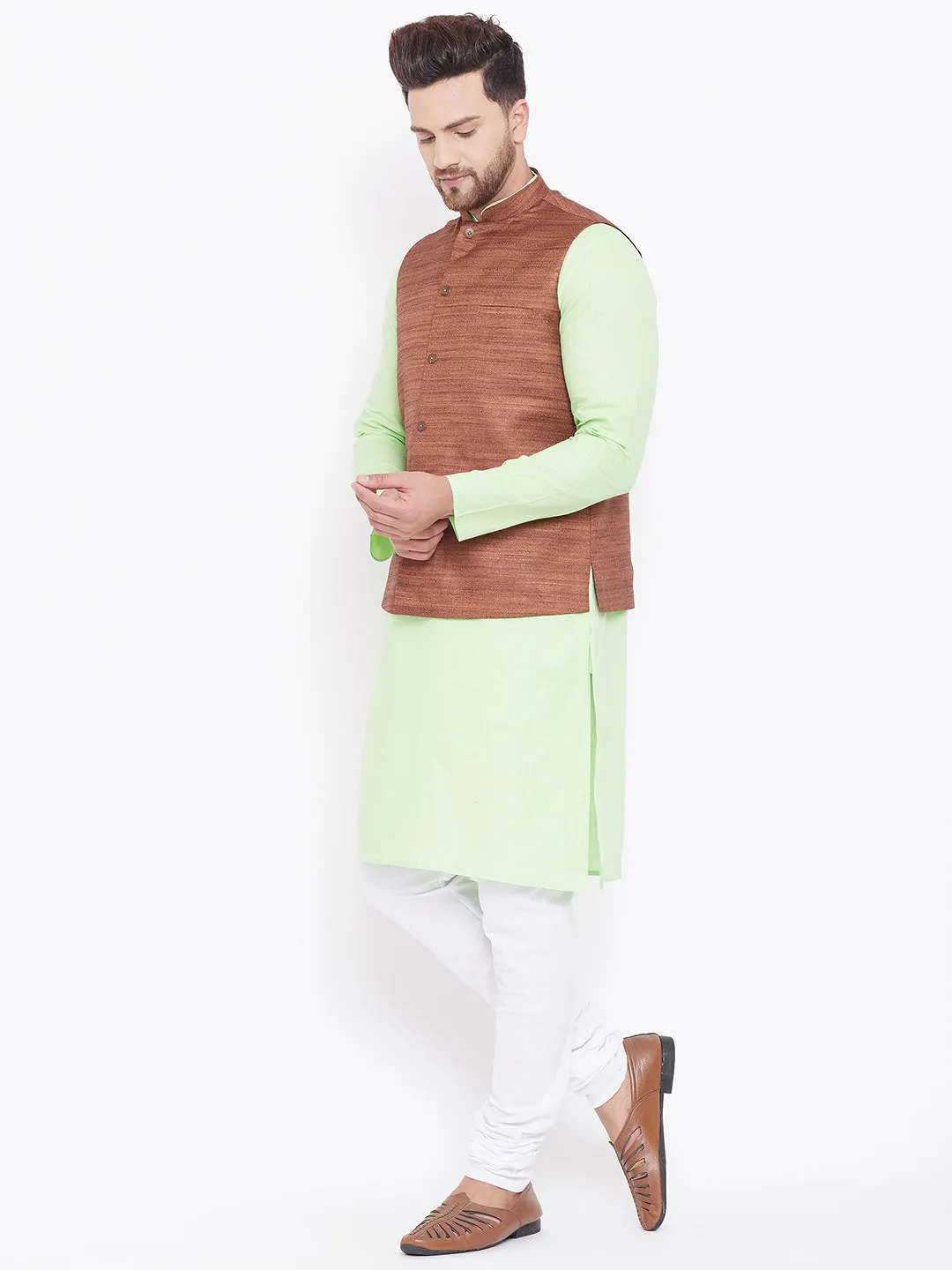 VASTRAMAY Men's Coffee, Mint Green And White Cotton Blend Jacket, Kurta and Pyjama Set