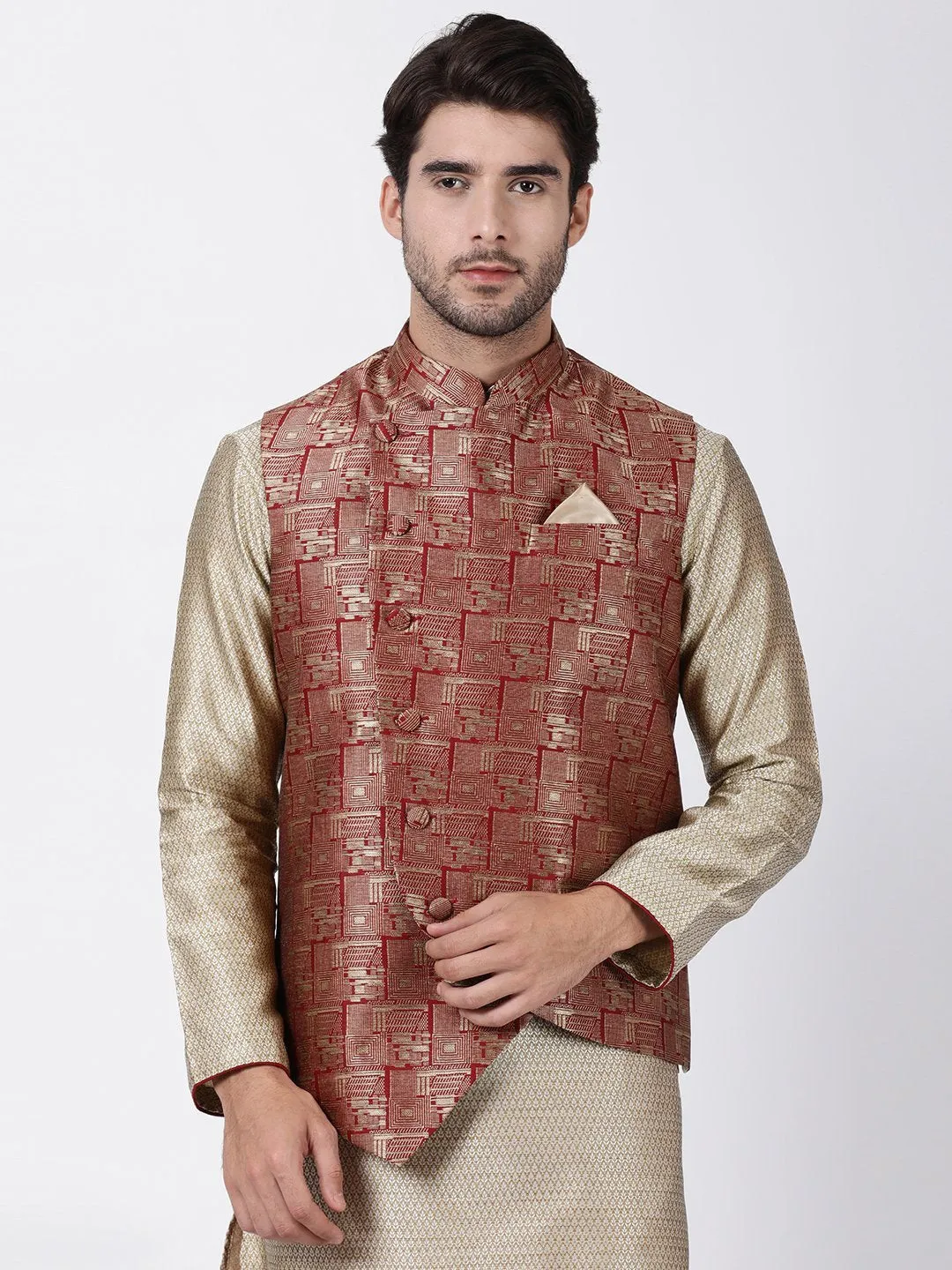 VASTRAMAY Men's Maroon Cotton Silk Blend Ethnic Jacket