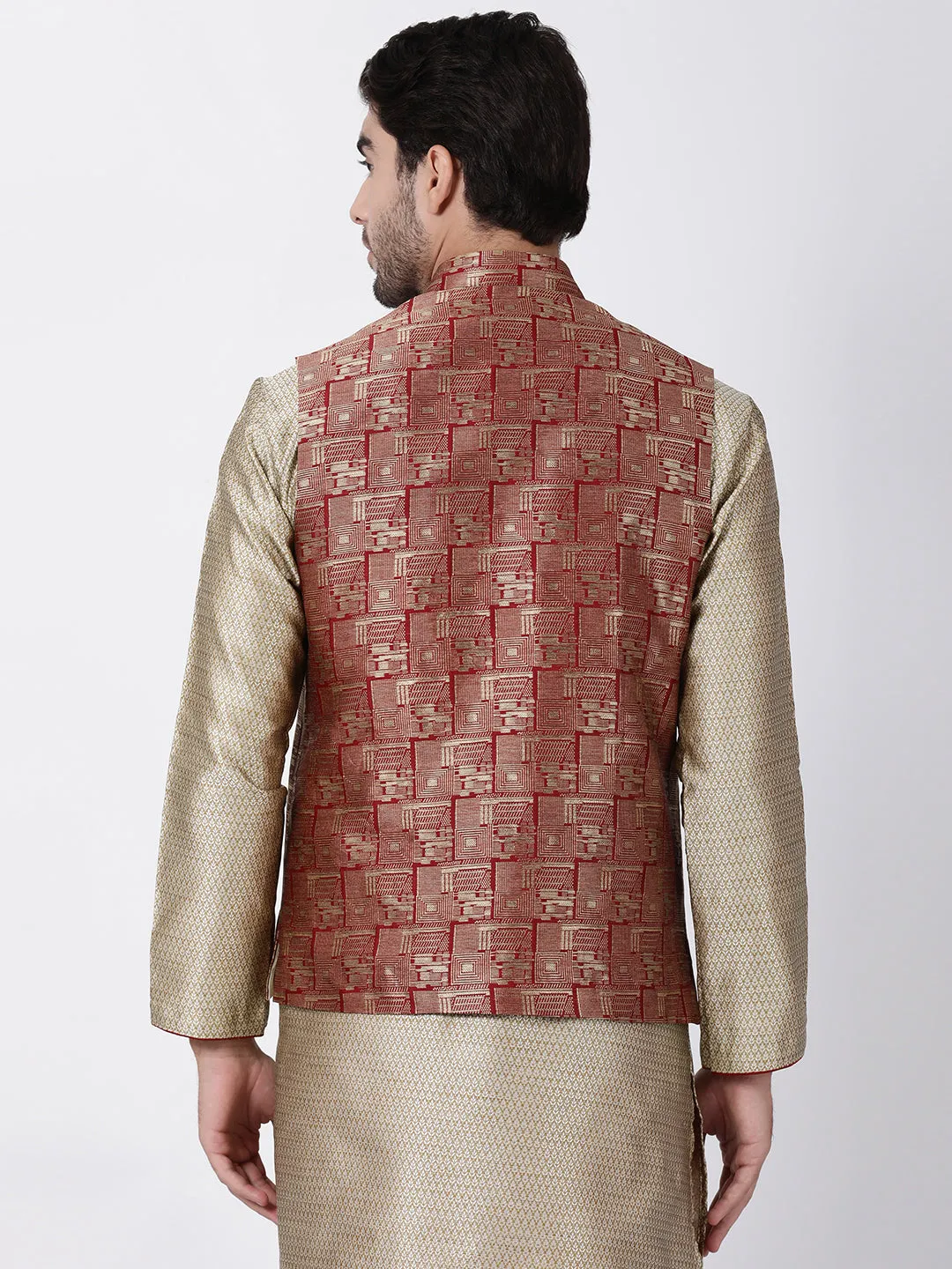 VASTRAMAY Men's Maroon Cotton Silk Blend Ethnic Jacket