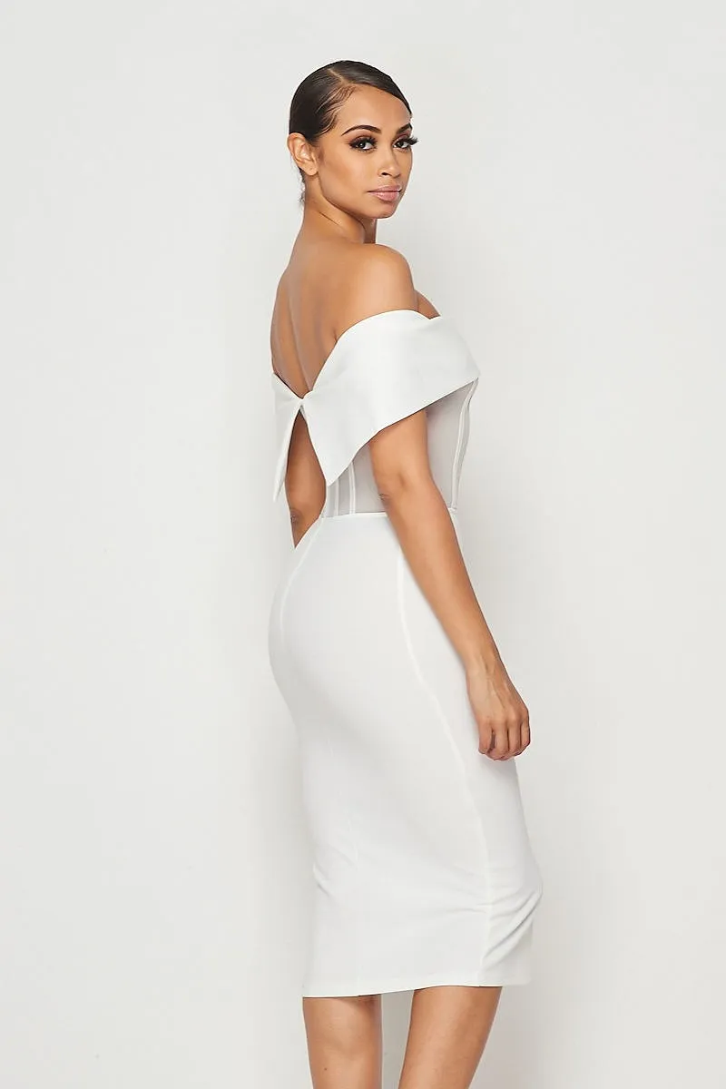 White Mesh Hook & Eye Off Shoulder Bodycon Midi Dress