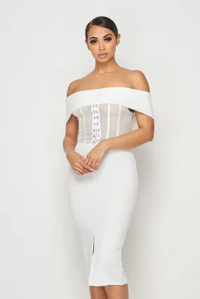 White Mesh Hook & Eye Off Shoulder Bodycon Midi Dress