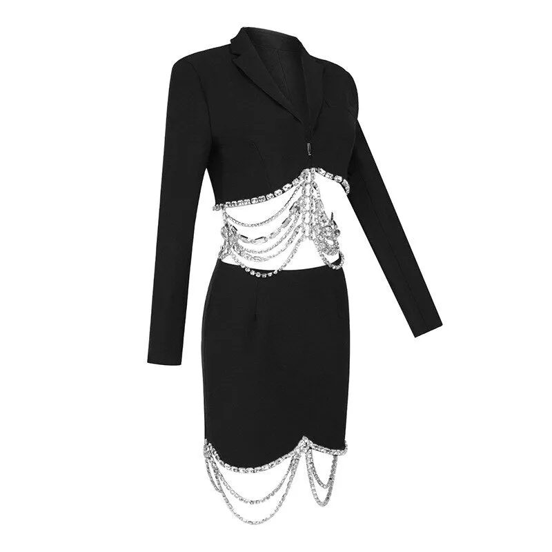 Women's Diamond Strass Chain Beaded Short Blazer Skirt Two-Piece Set