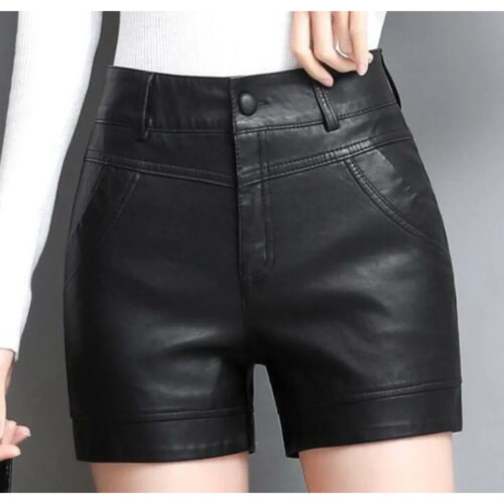 Women's Lambskin  Leather Shorts High Waist Pockets