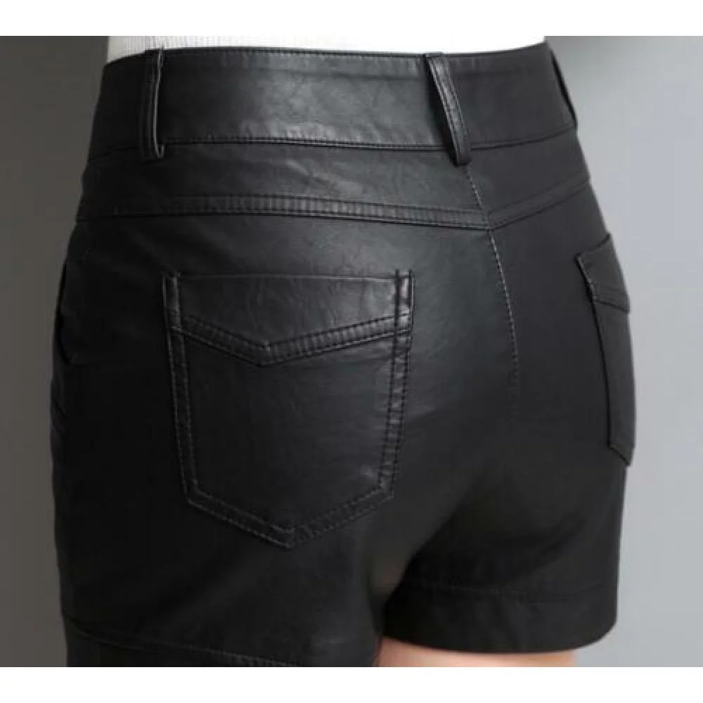 Women's Lambskin  Leather Shorts High Waist Pockets