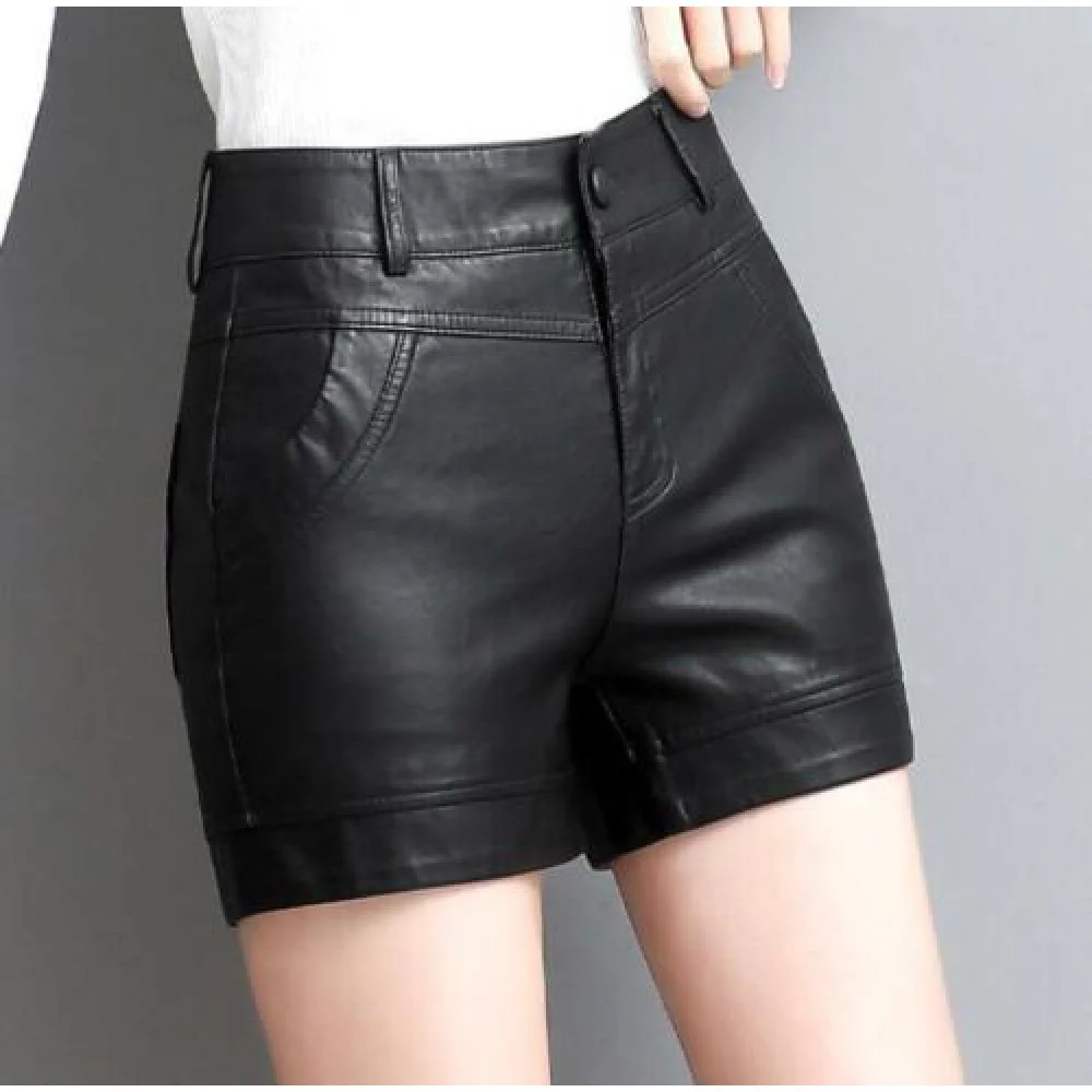 Women's Lambskin  Leather Shorts High Waist Pockets