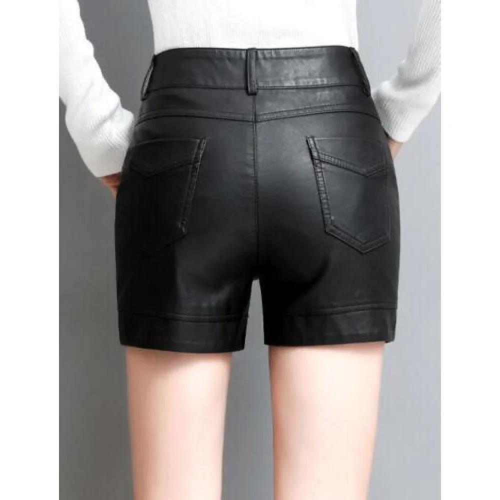 Women's Lambskin  Leather Shorts High Waist Pockets