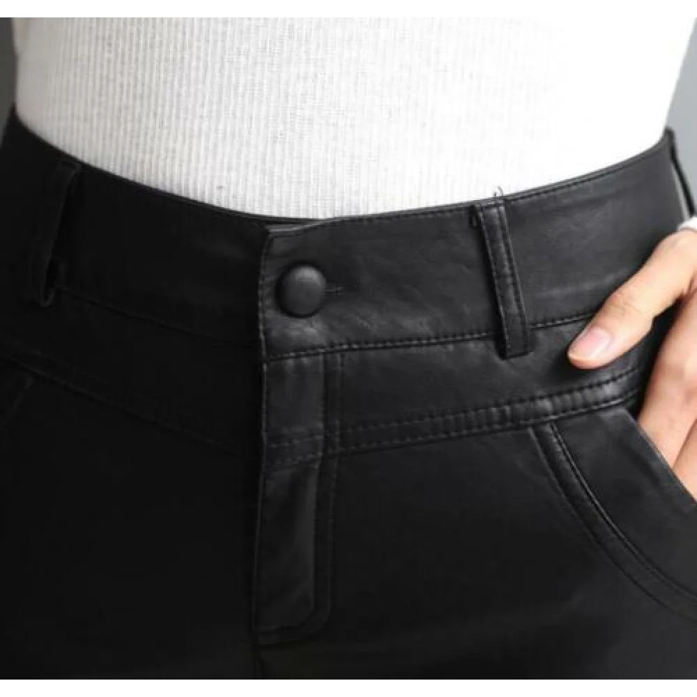 Women's Lambskin  Leather Shorts High Waist Pockets