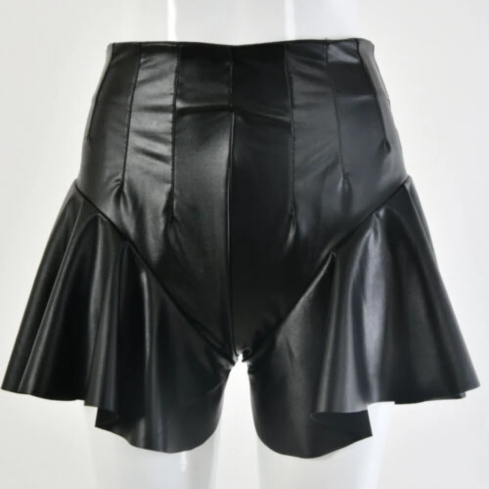 Women's Lambskin  Leather Shorts Skirt High Waist Zip Ruffle Slim Short Pants Black Sweet