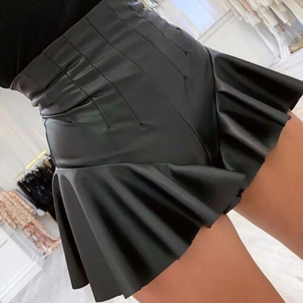 Women's Lambskin  Leather Shorts Skirt High Waist Zip Ruffle Slim Short Pants Black Sweet