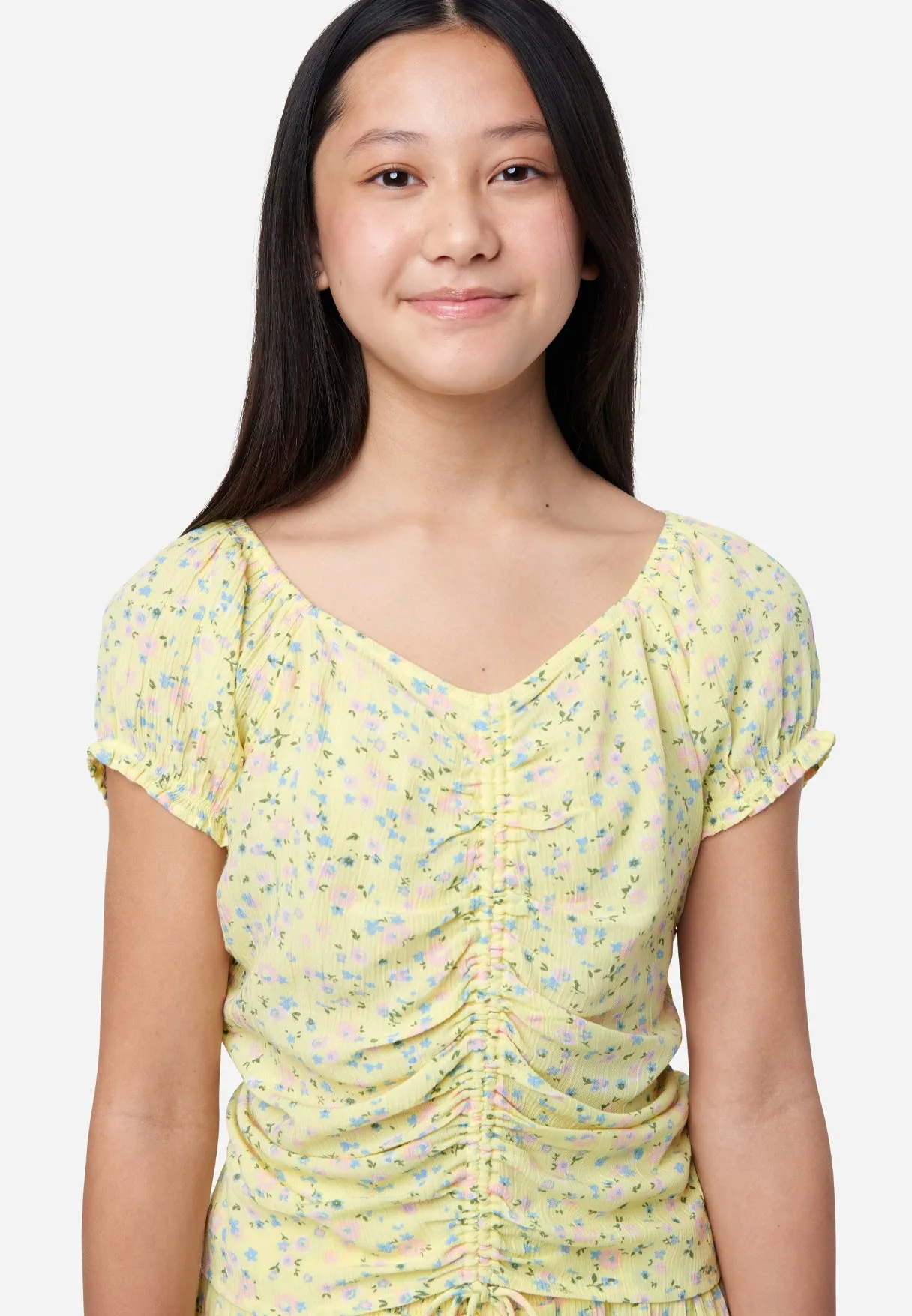 Woven Pretty Cinch Short Sleeve Top